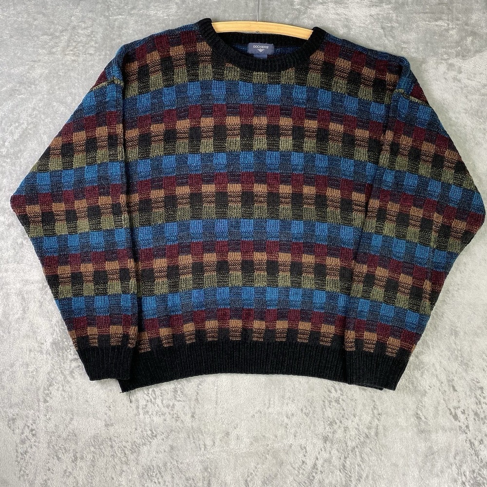 Vintage Dockers Sweater Mens Size L Geometric Chenille Knit Dad 90s Y2K Skater